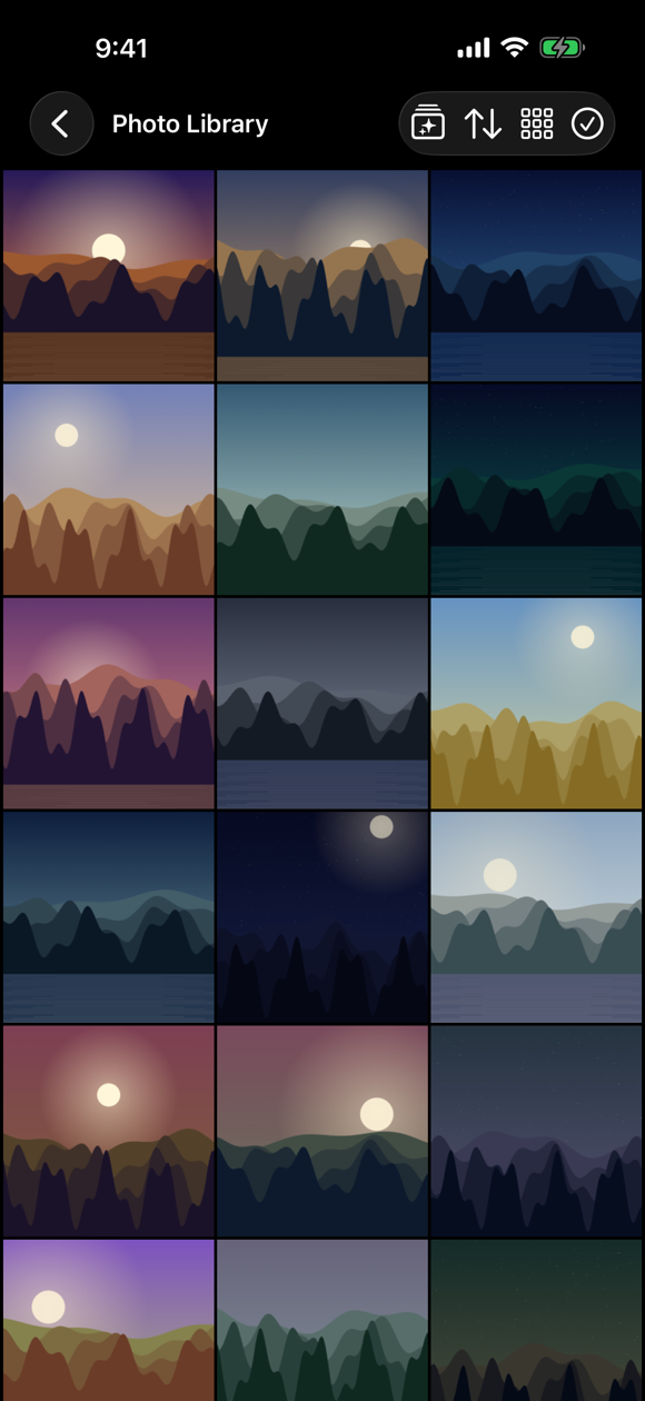 MediaHarbor photo grid on iPhone showing a full screen of landscape thumbnails loaded from a network share