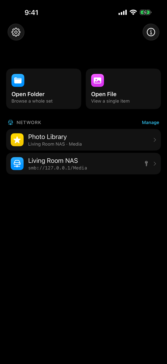 MediaHarbor home screen on iPhone with Open Folder and Open File tiles, a favorited Photo Library folder, and a saved Living Room NAS connection