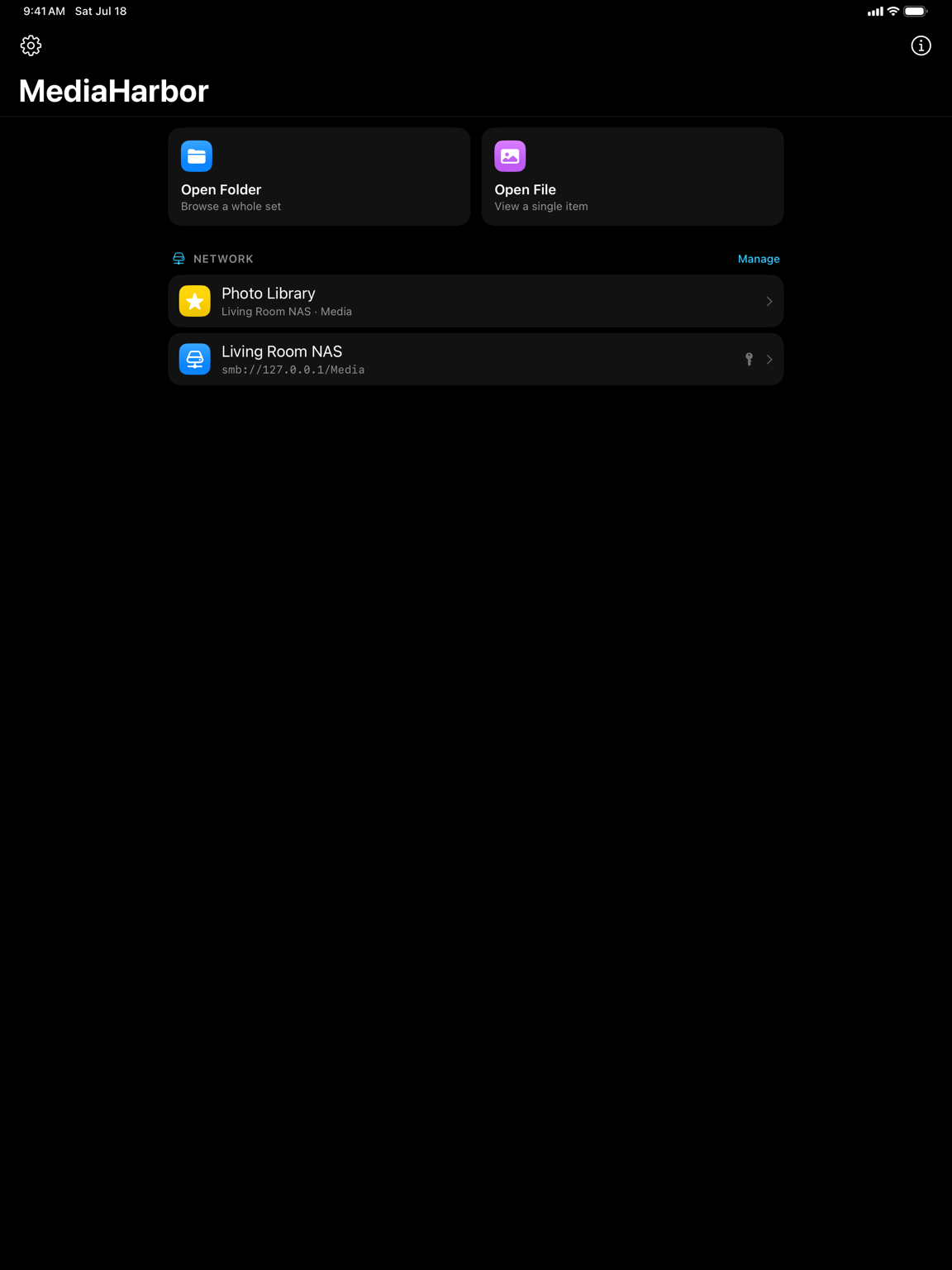 MediaHarbor home screen on iPad with open tiles, a favorited folder, and a saved NAS connection