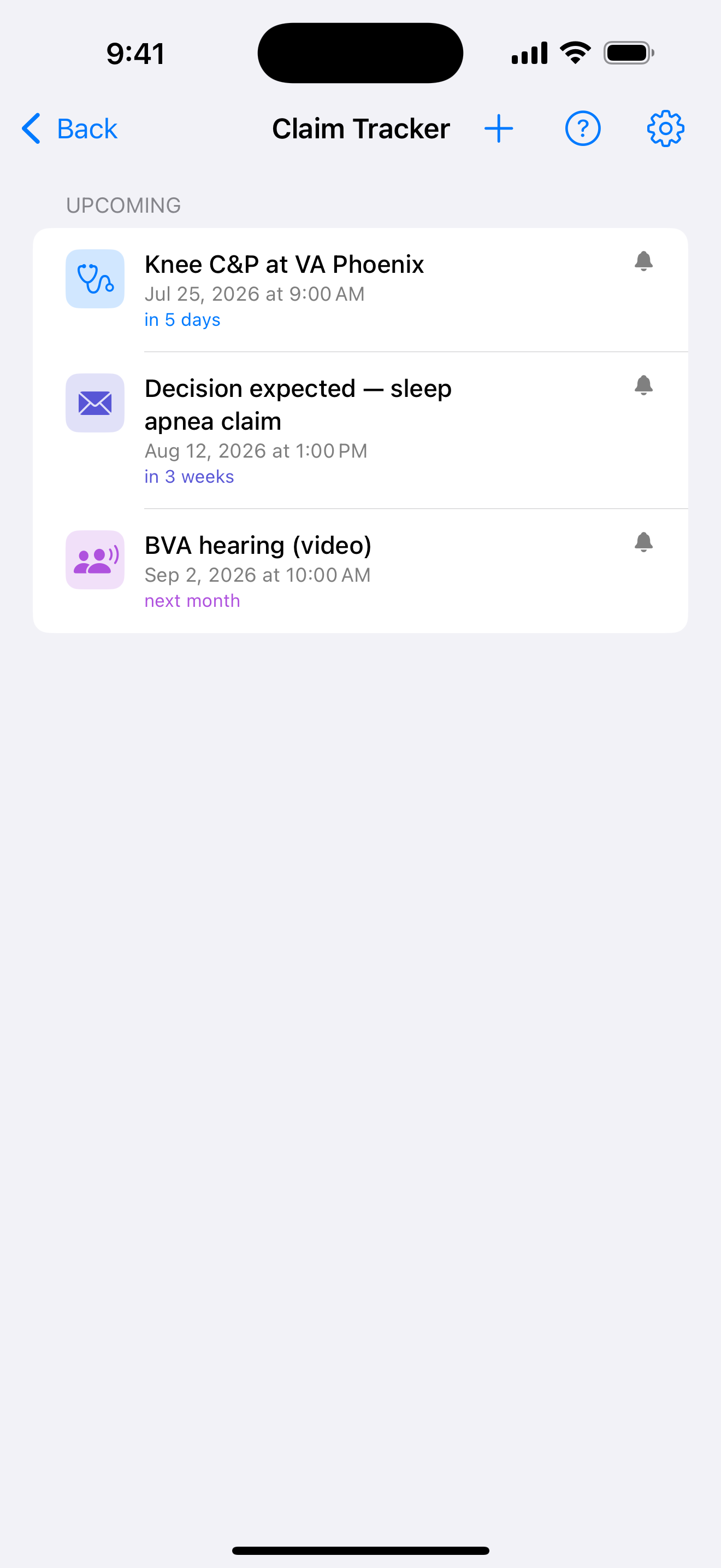 Claim Tracker with upcoming events: a knee C&P exam in 5 days, an expected decision on a sleep apnea claim, and a BVA hearing, each with reminder support