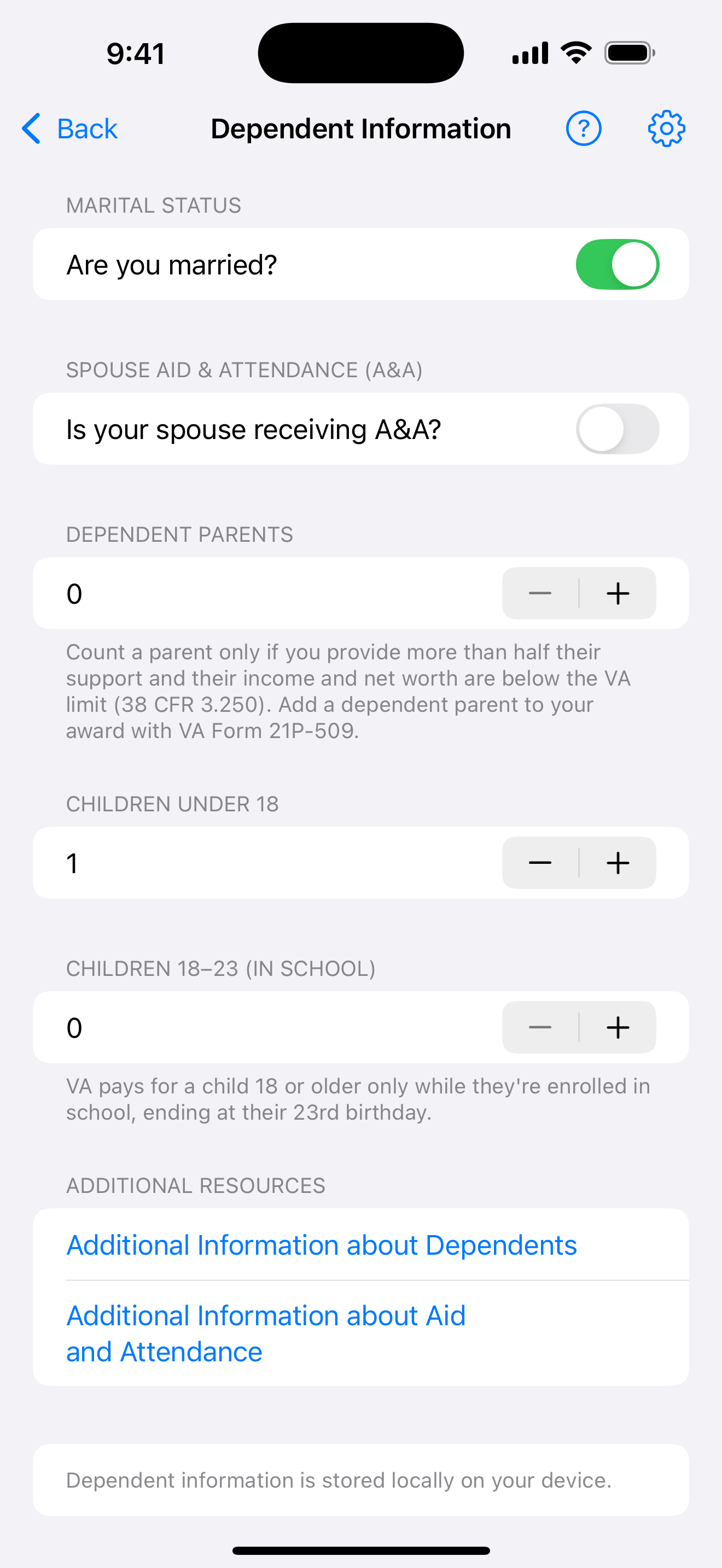 Dependent information screen with marital status, spouse Aid and Attendance, dependent parents, and children inputs