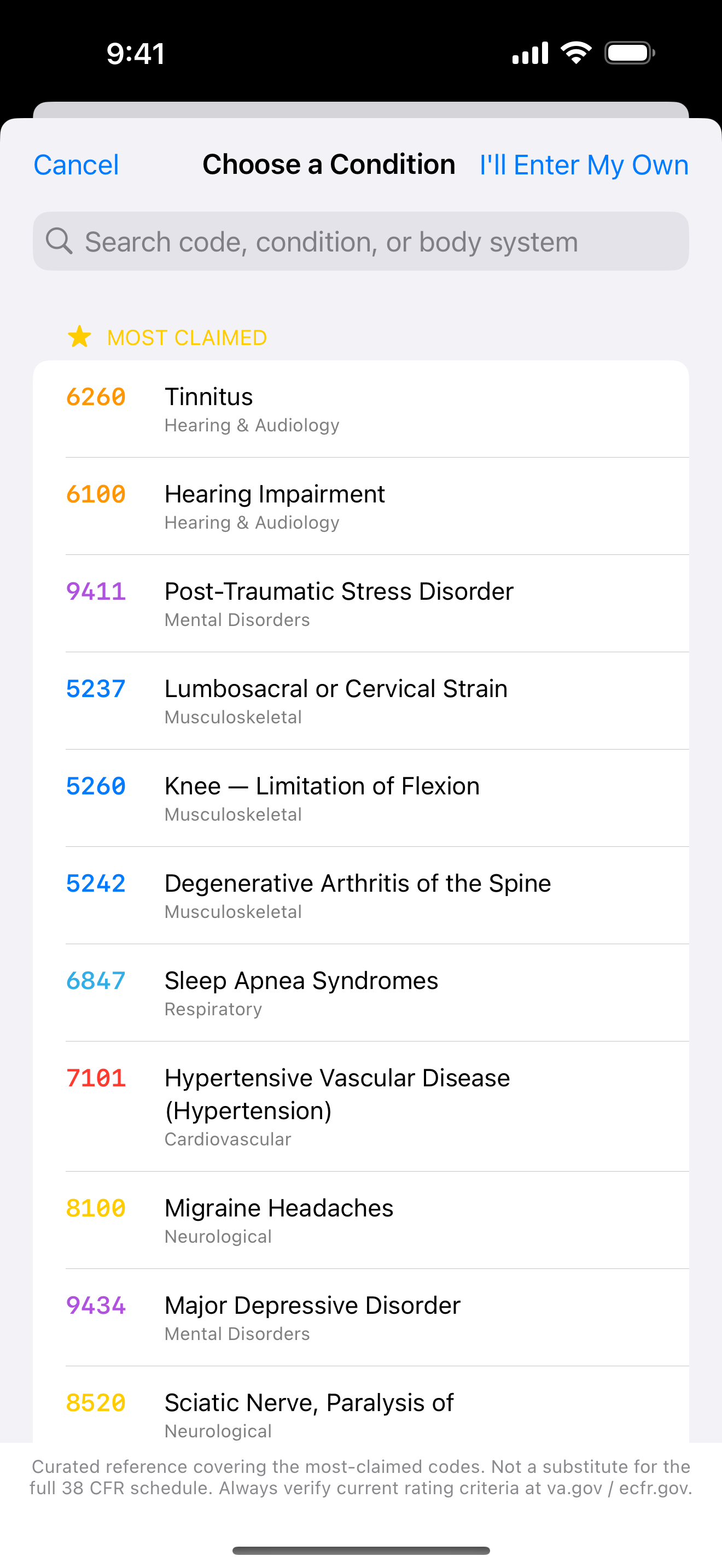 38 CFR Diagnostic Codes picker showing the Most Claimed list — tinnitus, hearing impairment, PTSD, back, knee, sleep apnea, hypertension, migraine, and more — with codes and body systems