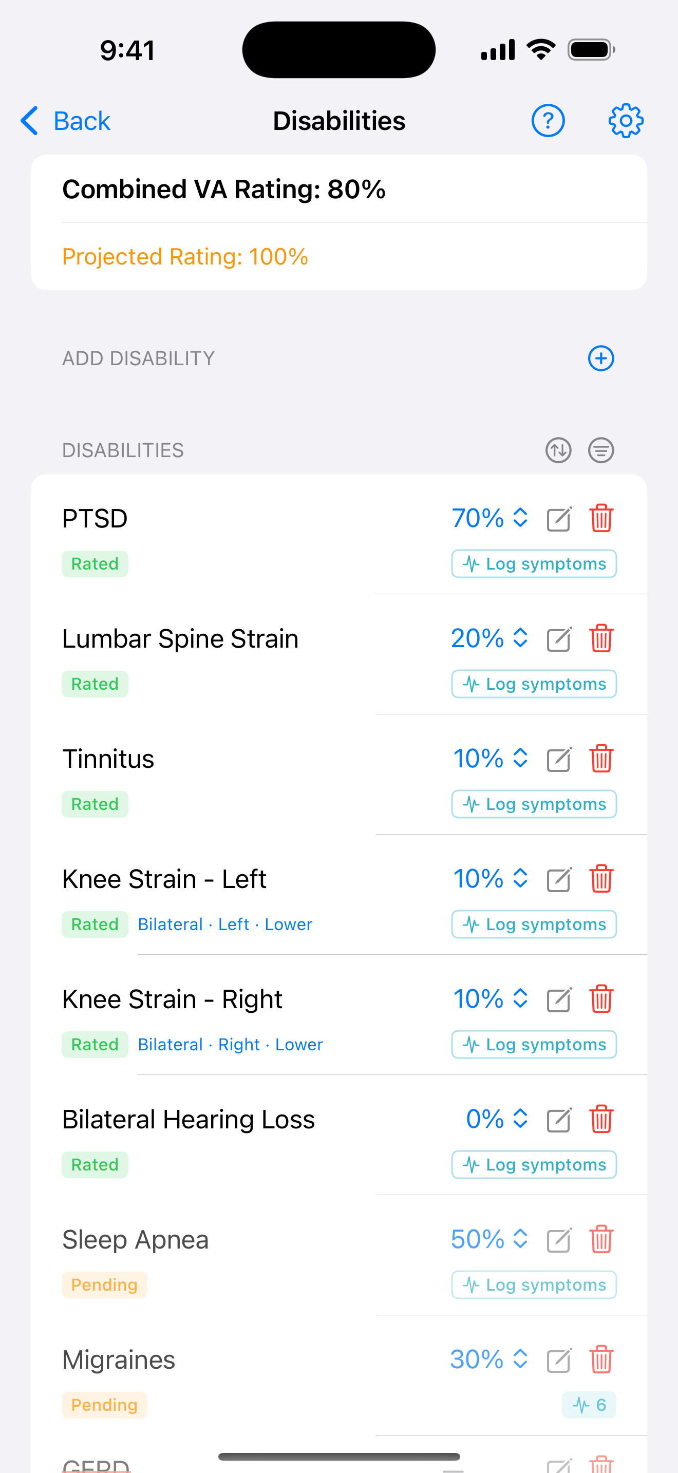 Disabilities list with mixed Rated, Pending, and Denied statuses including bilateral knee and hearing loss, each row offering a Log symptoms shortcut