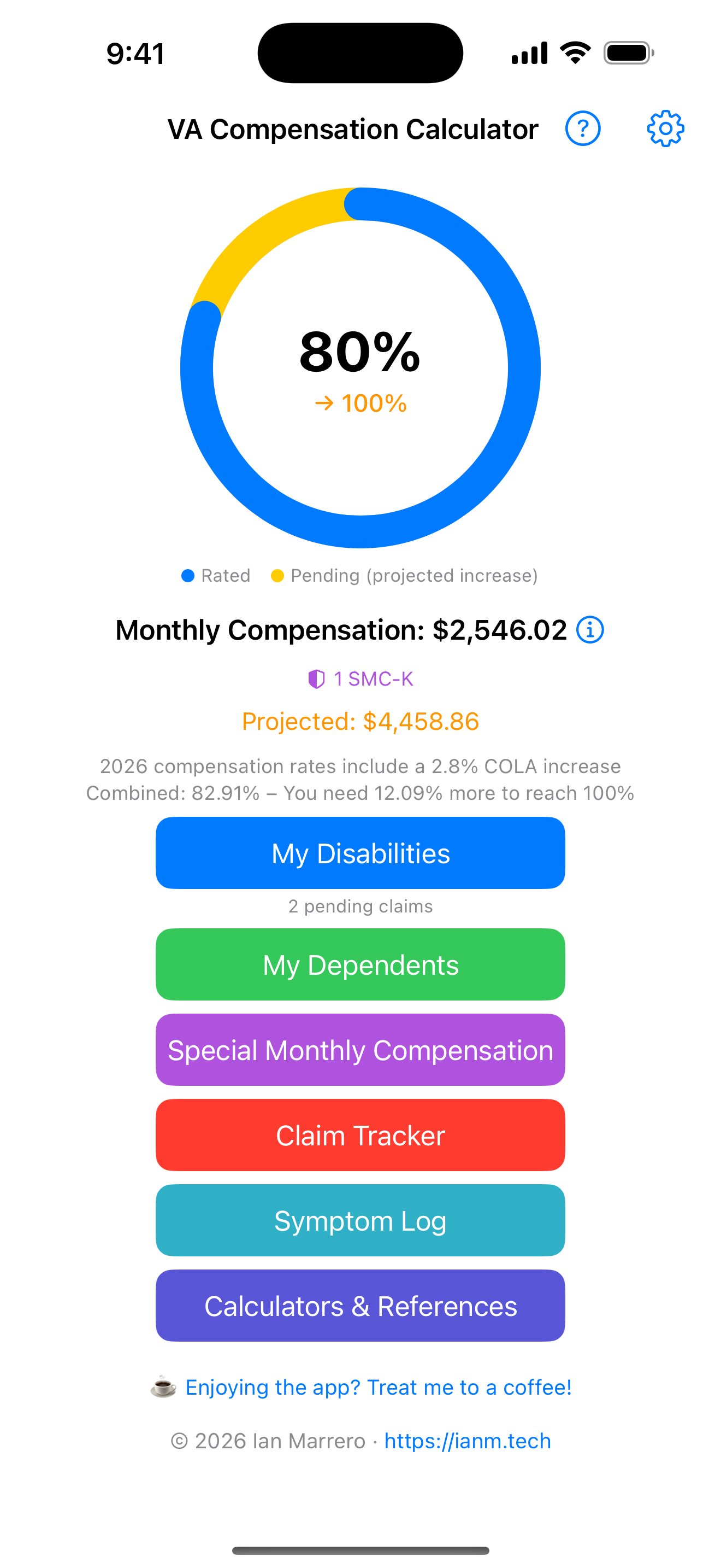 Home screen showing an 80% combined rating with a projected 100%, monthly compensation of $2,546.02 with SMC-K, and quick-access buttons for My Disabilities, Dependents, SMC, Claim Tracker, Symptom Log, and Calculators & References