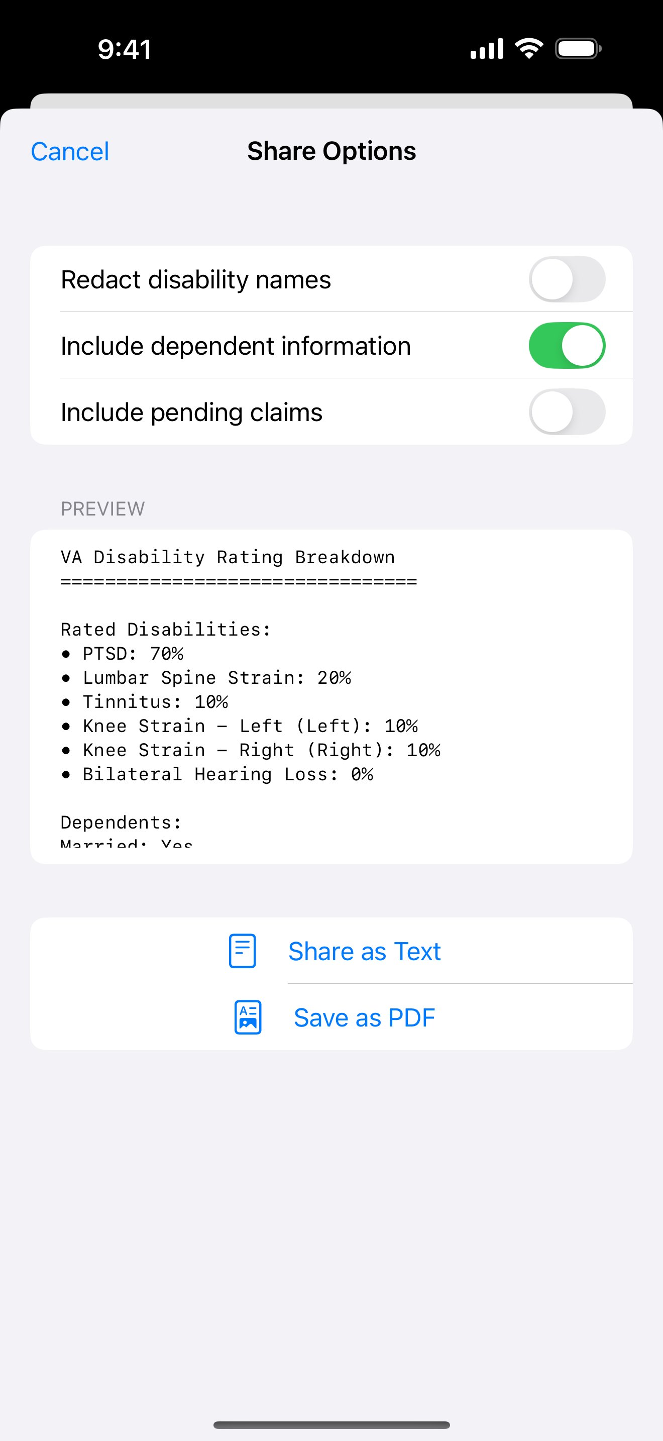 Share options with toggles to redact disability names, include dependent information, and include pending claims, a live preview, and Share as Text and Save as PDF actions