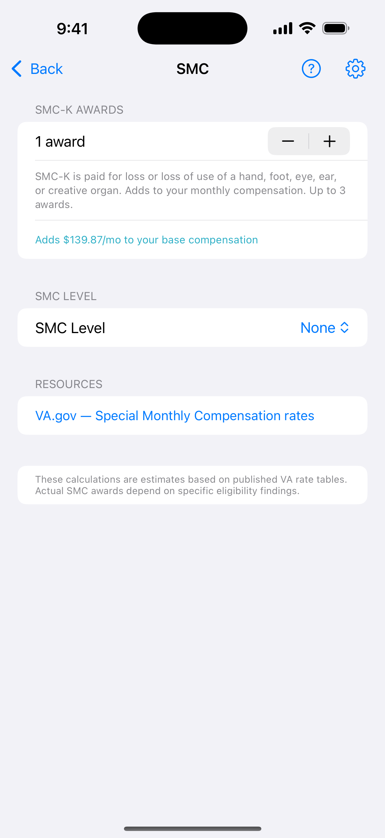 Special Monthly Compensation screen showing one SMC-K award and the SMC level selector