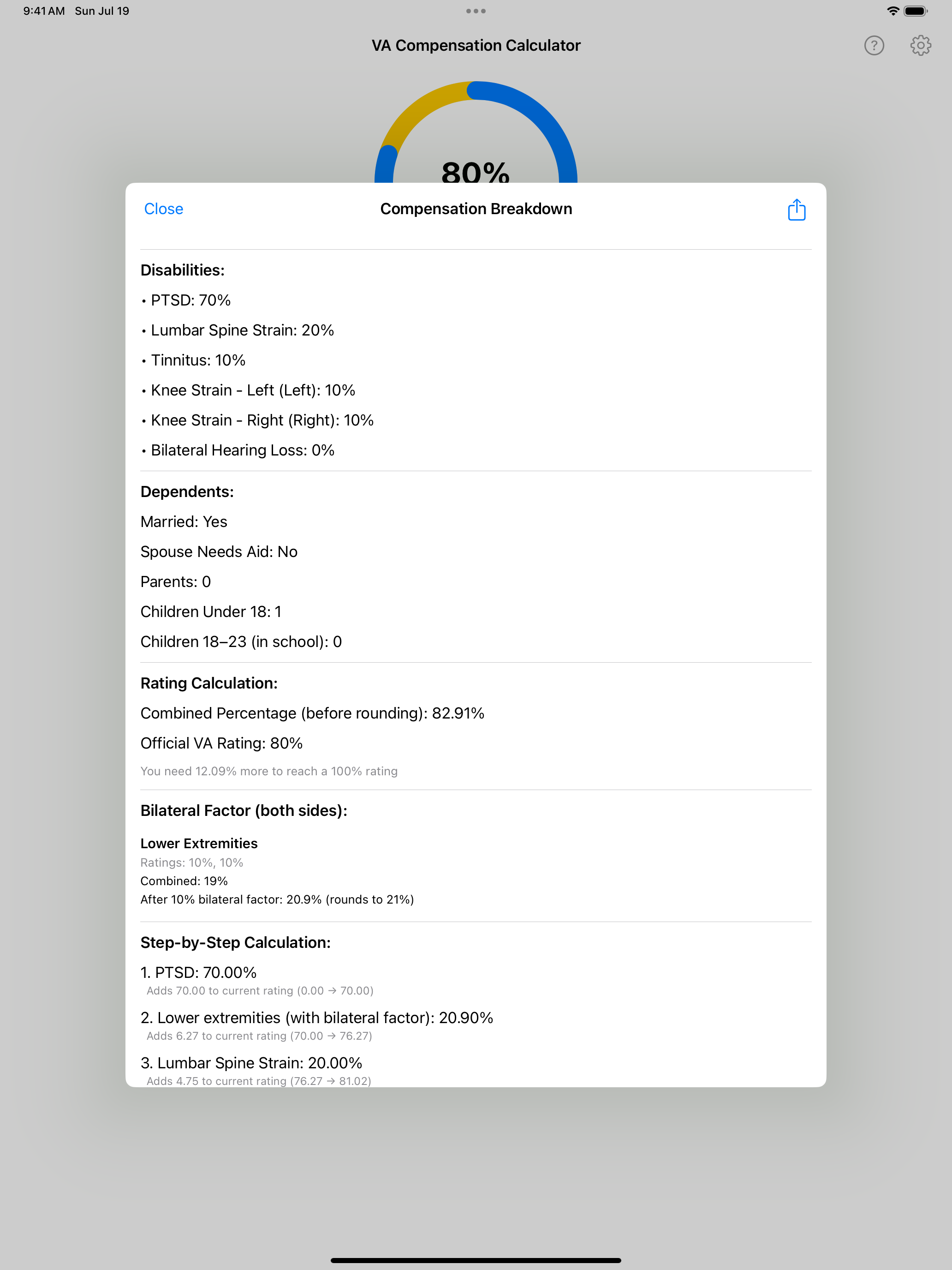 iPad Compensation Breakdown with disabilities, dependents, the combined percentage before rounding, the official VA rating, the bilateral factor, and a step-by-step calculation