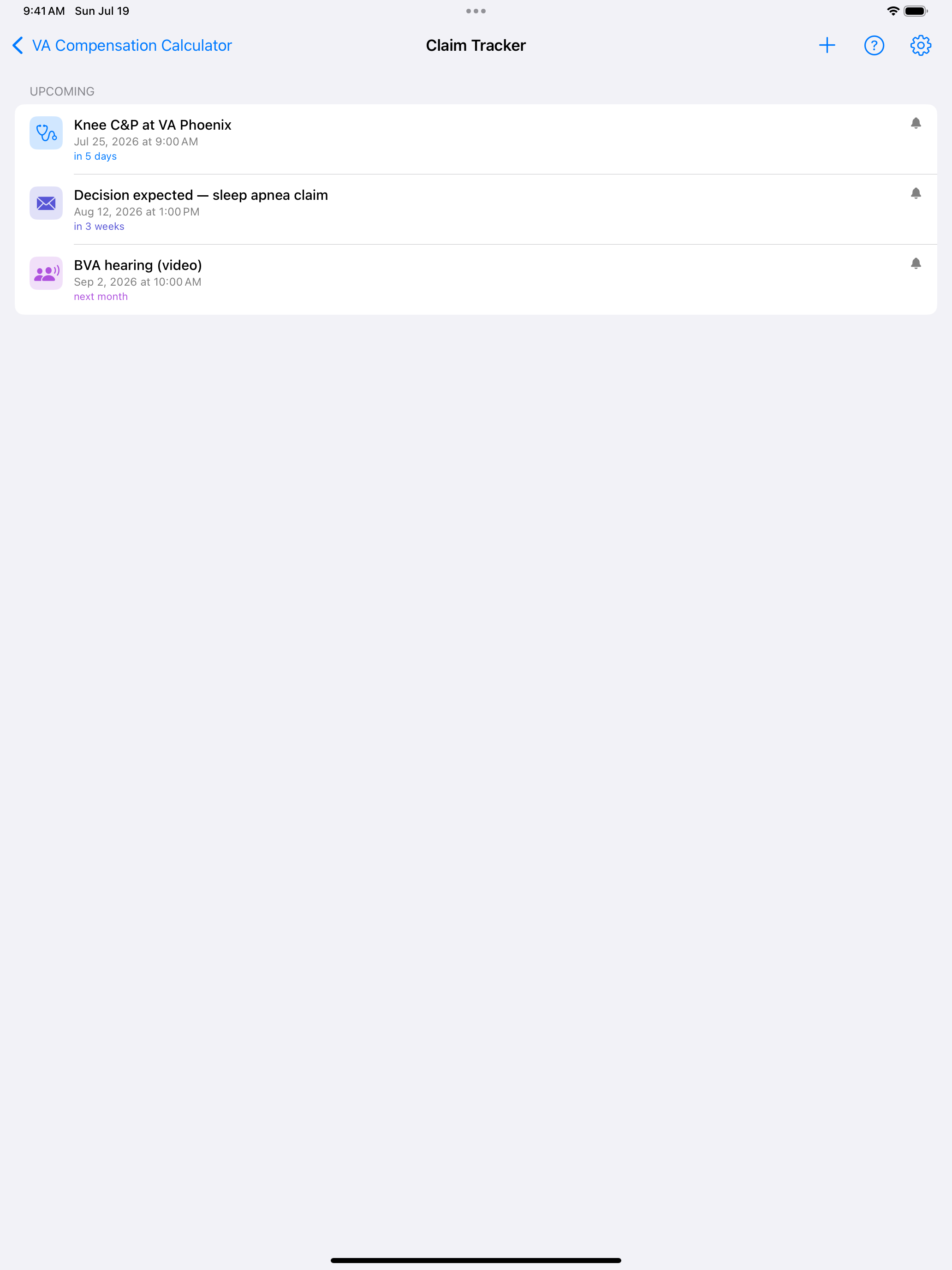 iPad Claim Tracker with upcoming events: a knee C&P exam in 5 days, an expected decision on a sleep apnea claim, and a BVA hearing