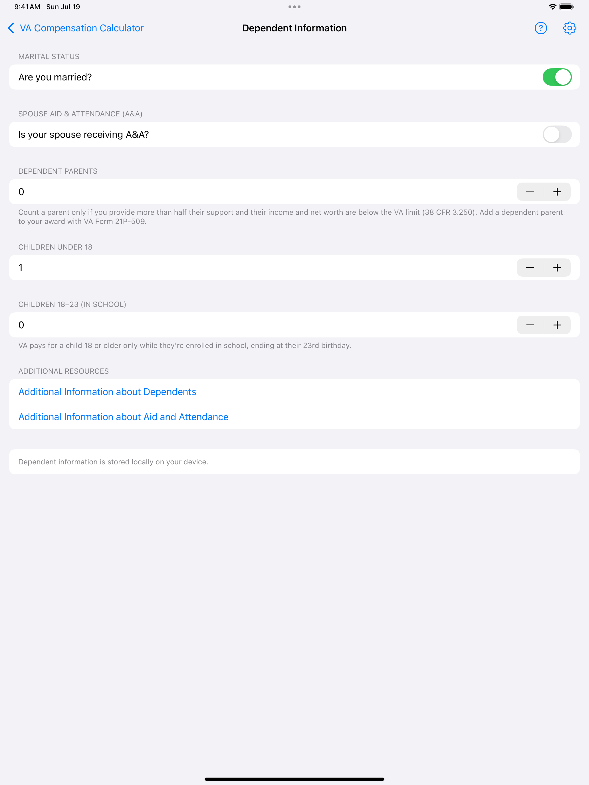 iPad dependent information screen with marital status, spouse Aid and Attendance, parents, and children inputs