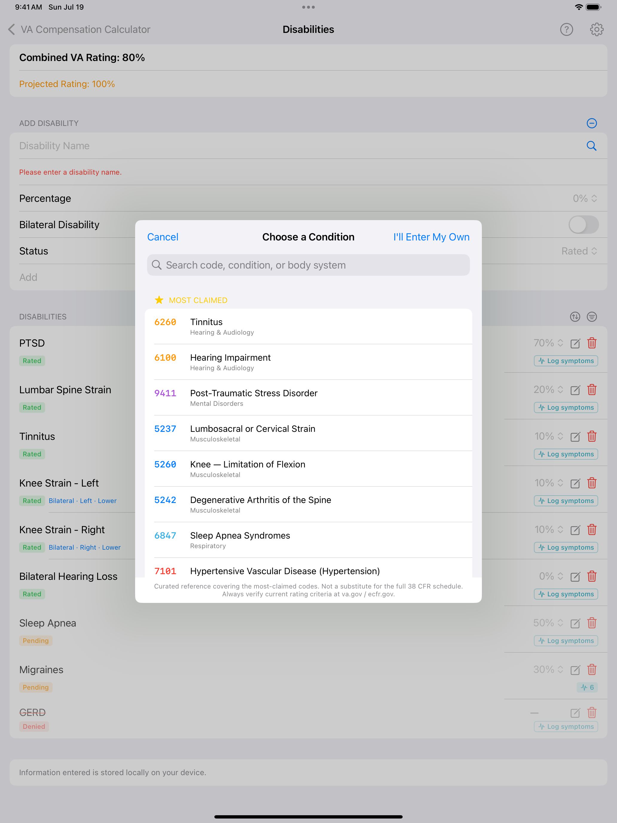 iPad Choose a Condition picker showing the Most Claimed list of diagnostic codes with codes and body systems