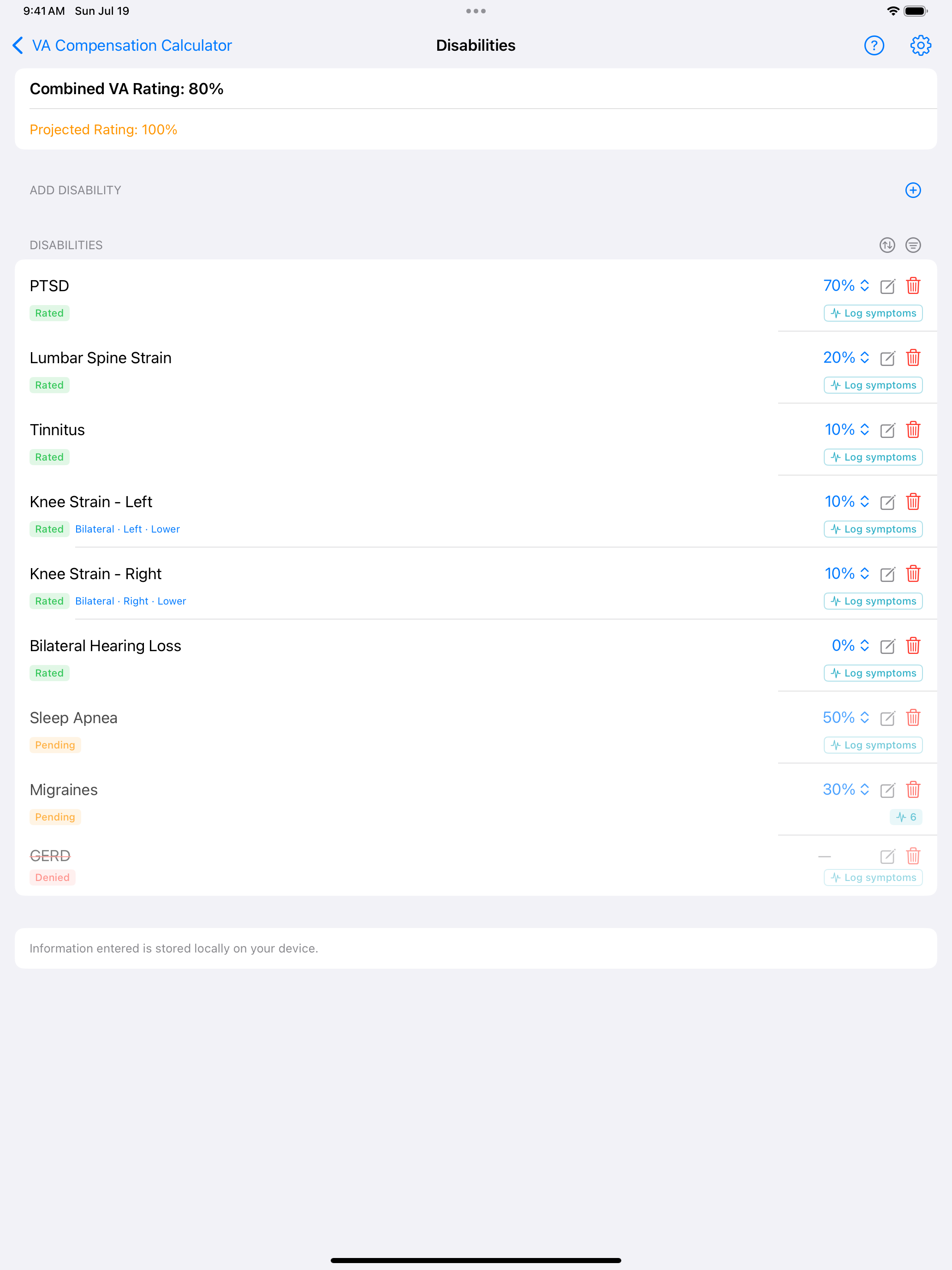 iPad disabilities list with mixed Rated, Pending, and Denied statuses, each row offering a Log symptoms shortcut