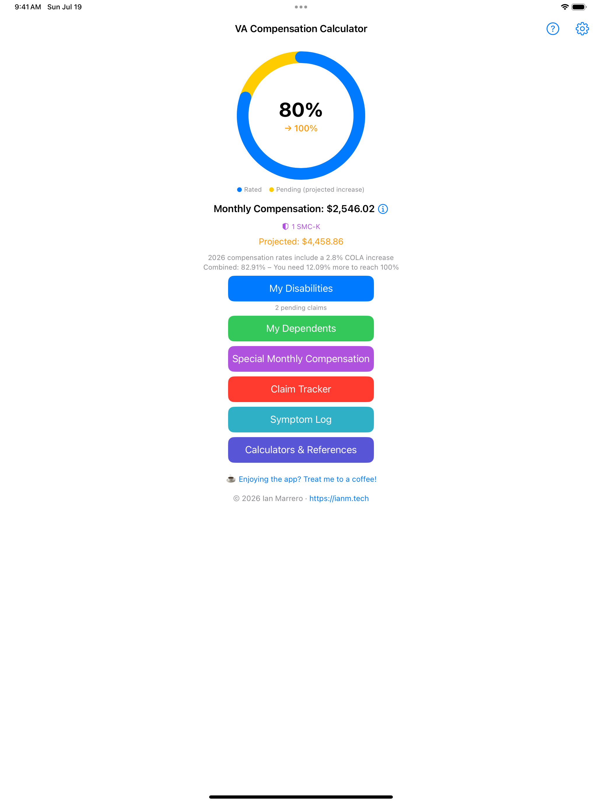 iPad home screen showing an 80% combined rating with a projected 100%, monthly compensation of $2,546.02 with SMC-K, and quick-access buttons including Claim Tracker, Symptom Log, and Calculators & References