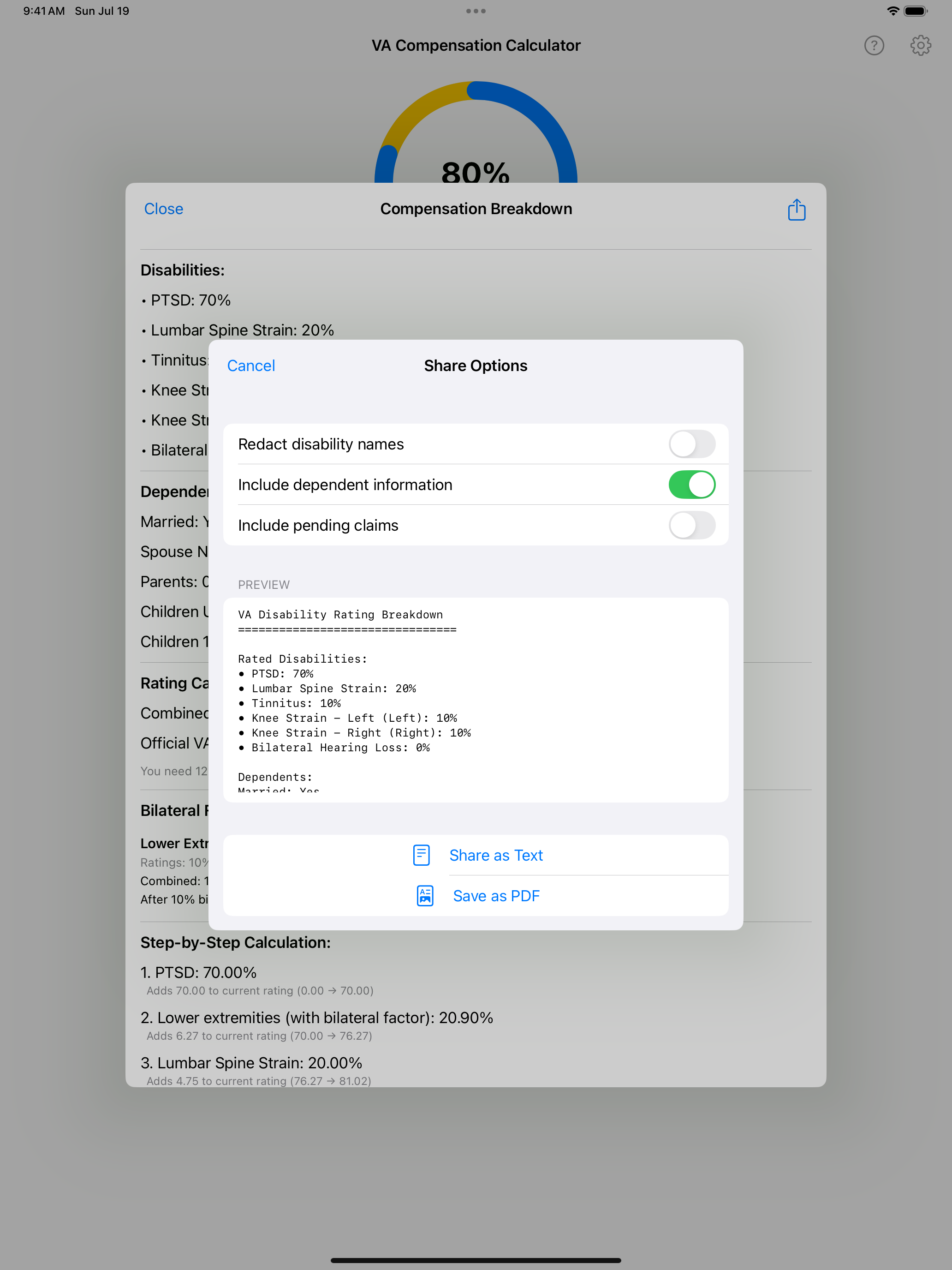 iPad share options sheet with toggles to redact disability names, include dependent information, and include pending claims, a live preview, and Share as Text and Save as PDF actions