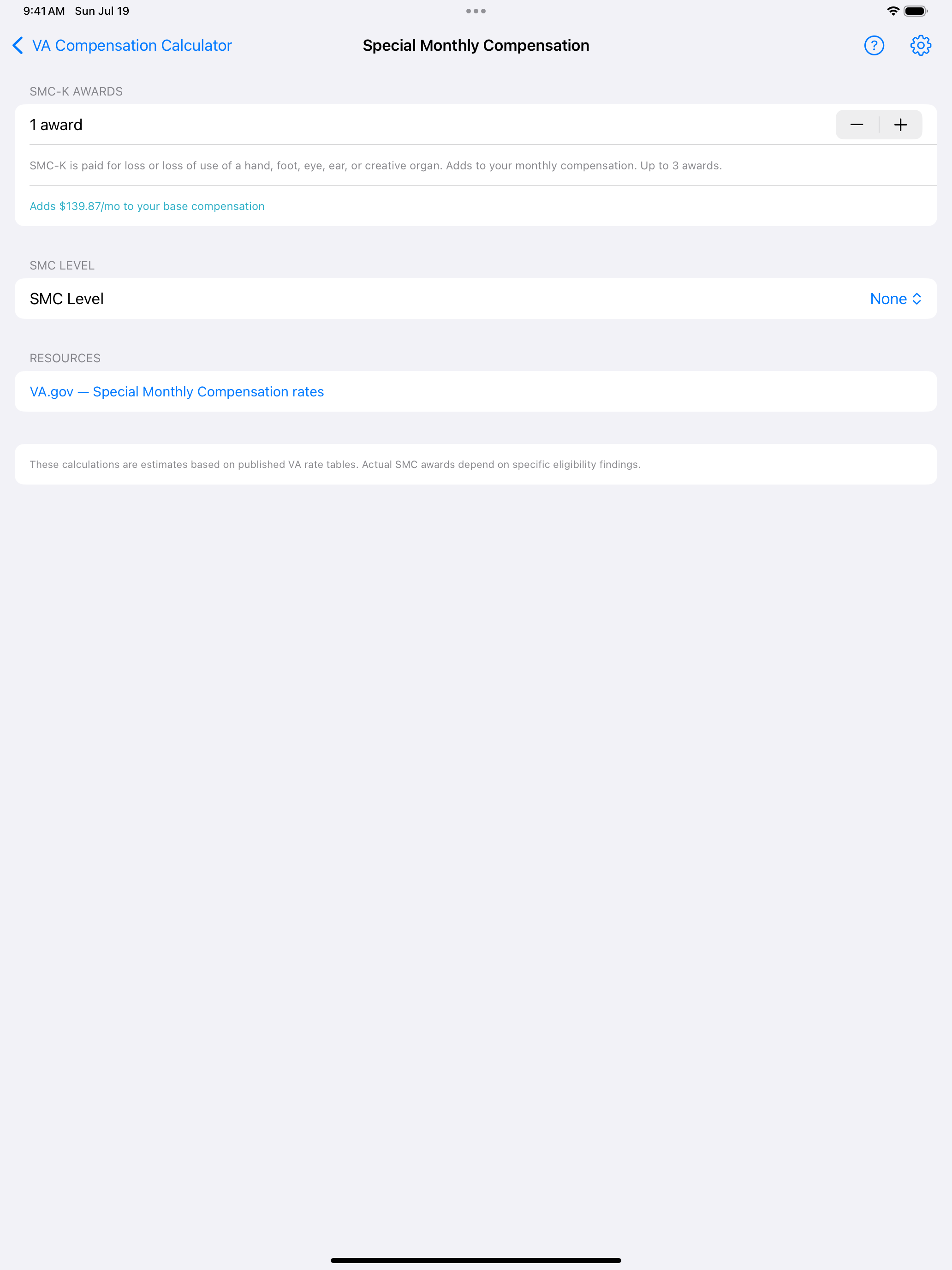 iPad Special Monthly Compensation screen with one SMC-K award and the SMC level selector