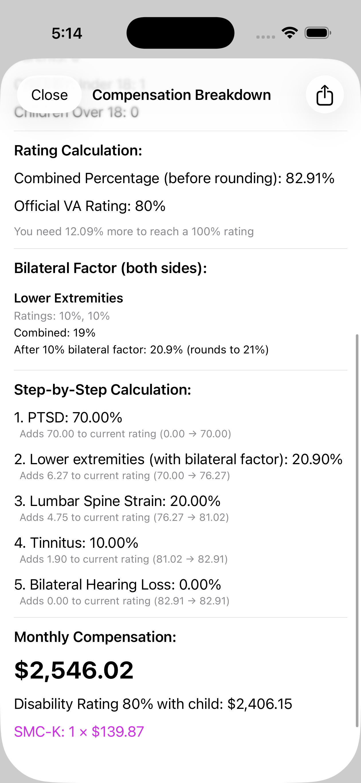 Compensation breakdown bottom half showing step-by-step calculation and monthly compensation total with SMC-K