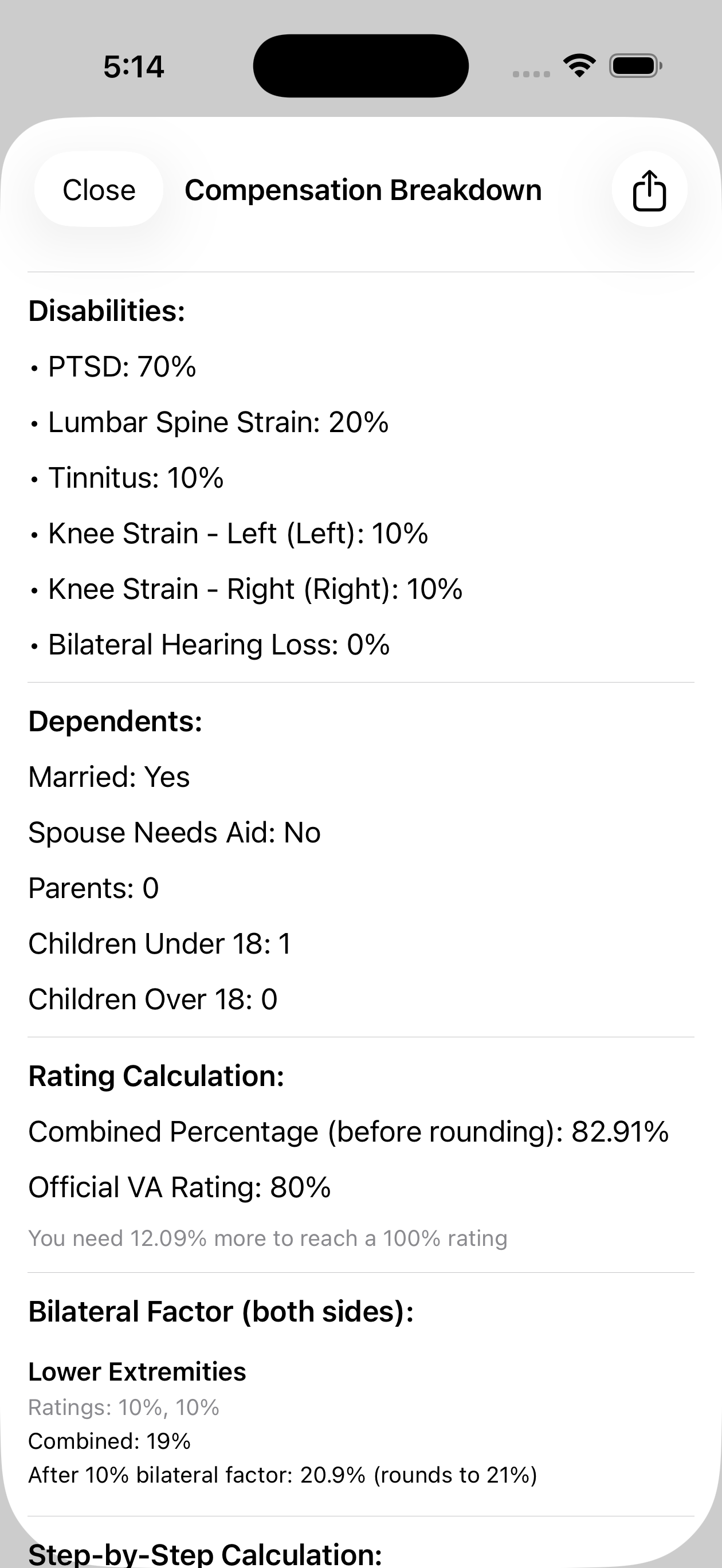 Compensation breakdown top half showing disabilities, dependents, rating calculation, and bilateral factor details