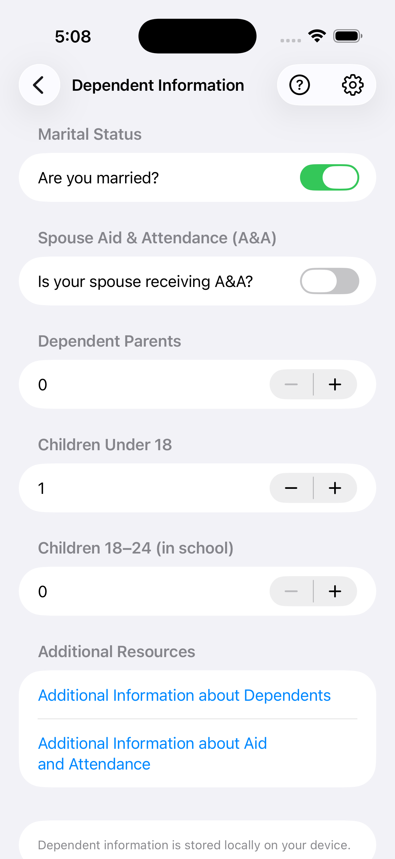 Dependent information screen with marital status, A&A, parents, and children inputs