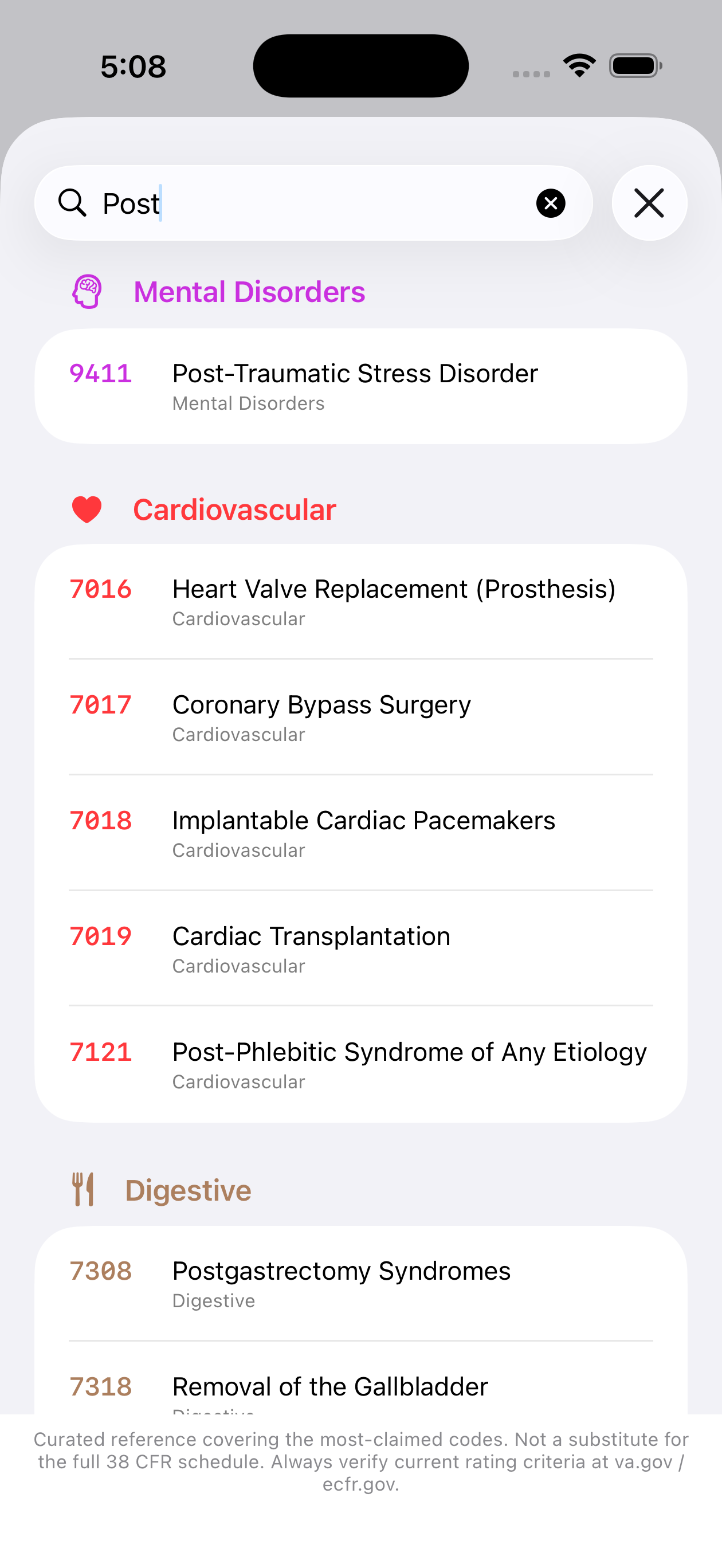 38 CFR Diagnostic Codes search results for 'Post' showing PTSD, cardiovascular, and digestive codes grouped by body system