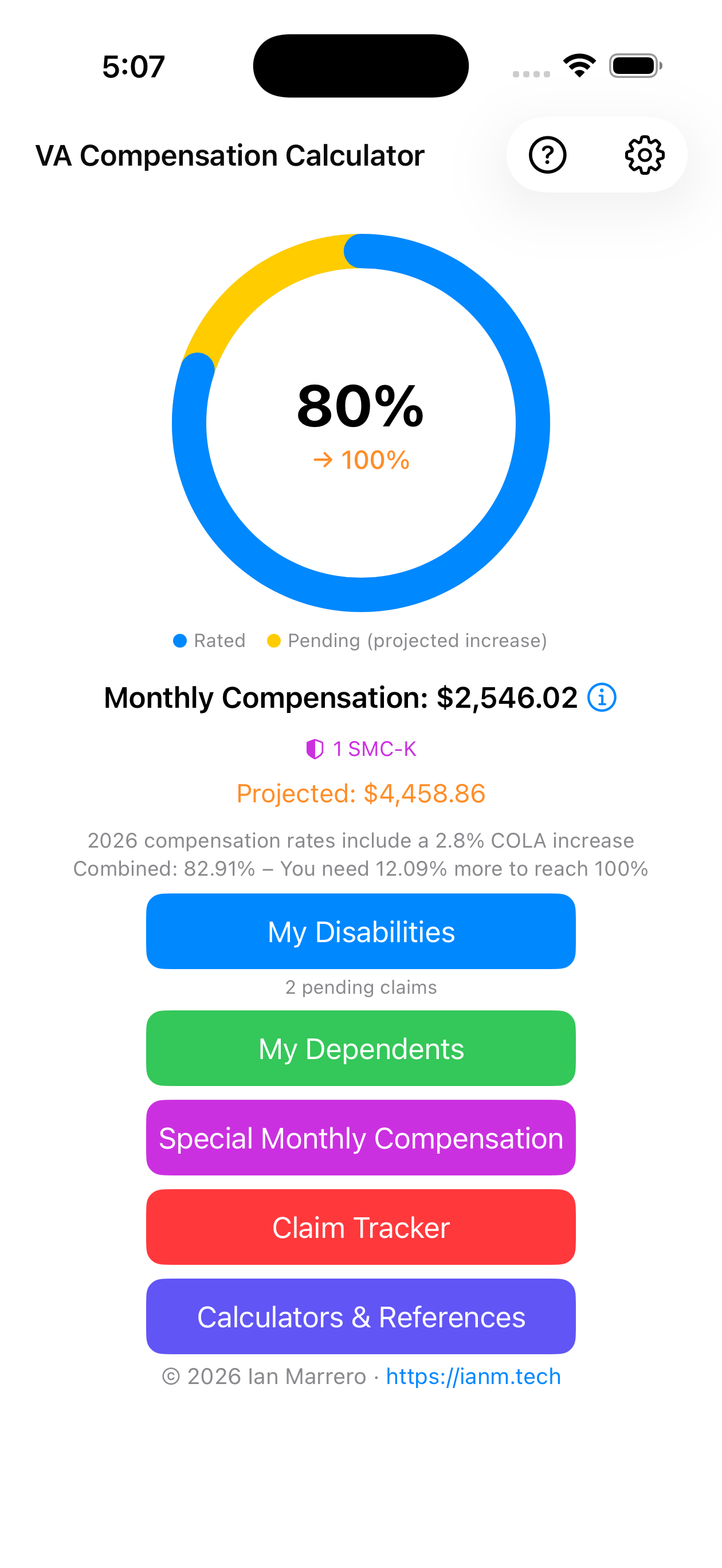 Home screen showing 80% rating with projected 100%, SMC-K, and quick-access buttons including Claim Tracker and Calculators & References