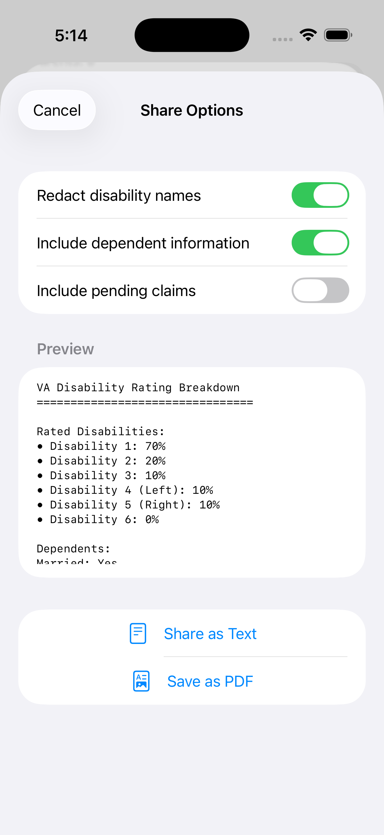 Share options with toggles to redact disability names, hide dependents, and include pending claims, plus Share as Text and Save as PDF actions