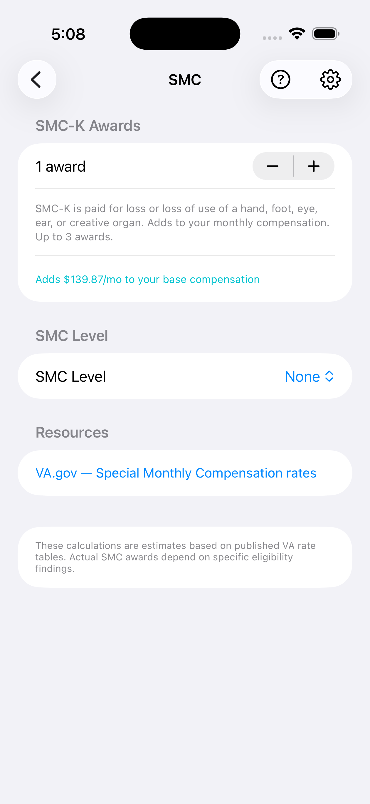 Special Monthly Compensation screen showing SMC-K awards and SMC level selection
