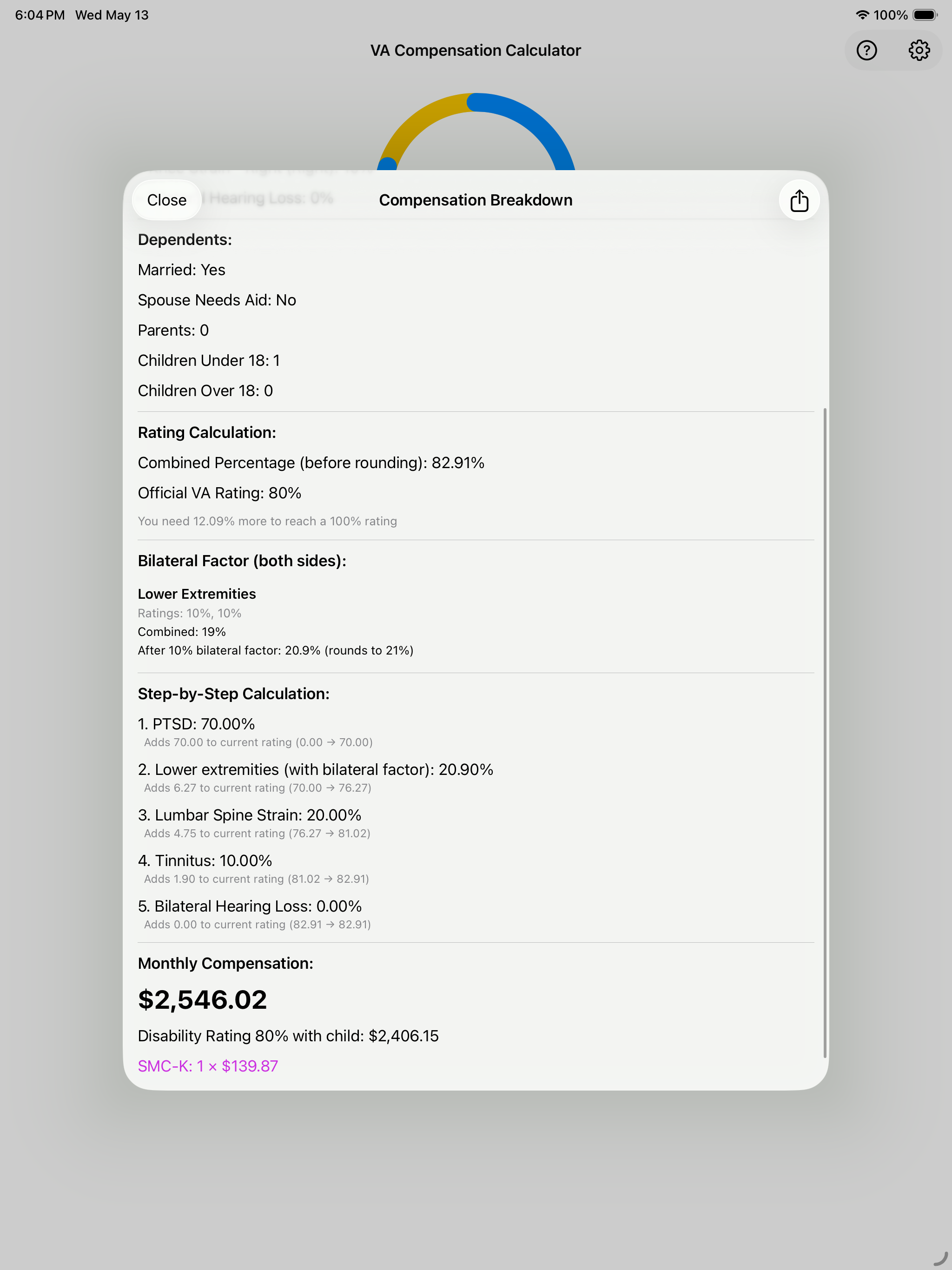 iPad compensation breakdown sheet with step-by-step calculation, bilateral factor, and monthly compensation with SMC-K