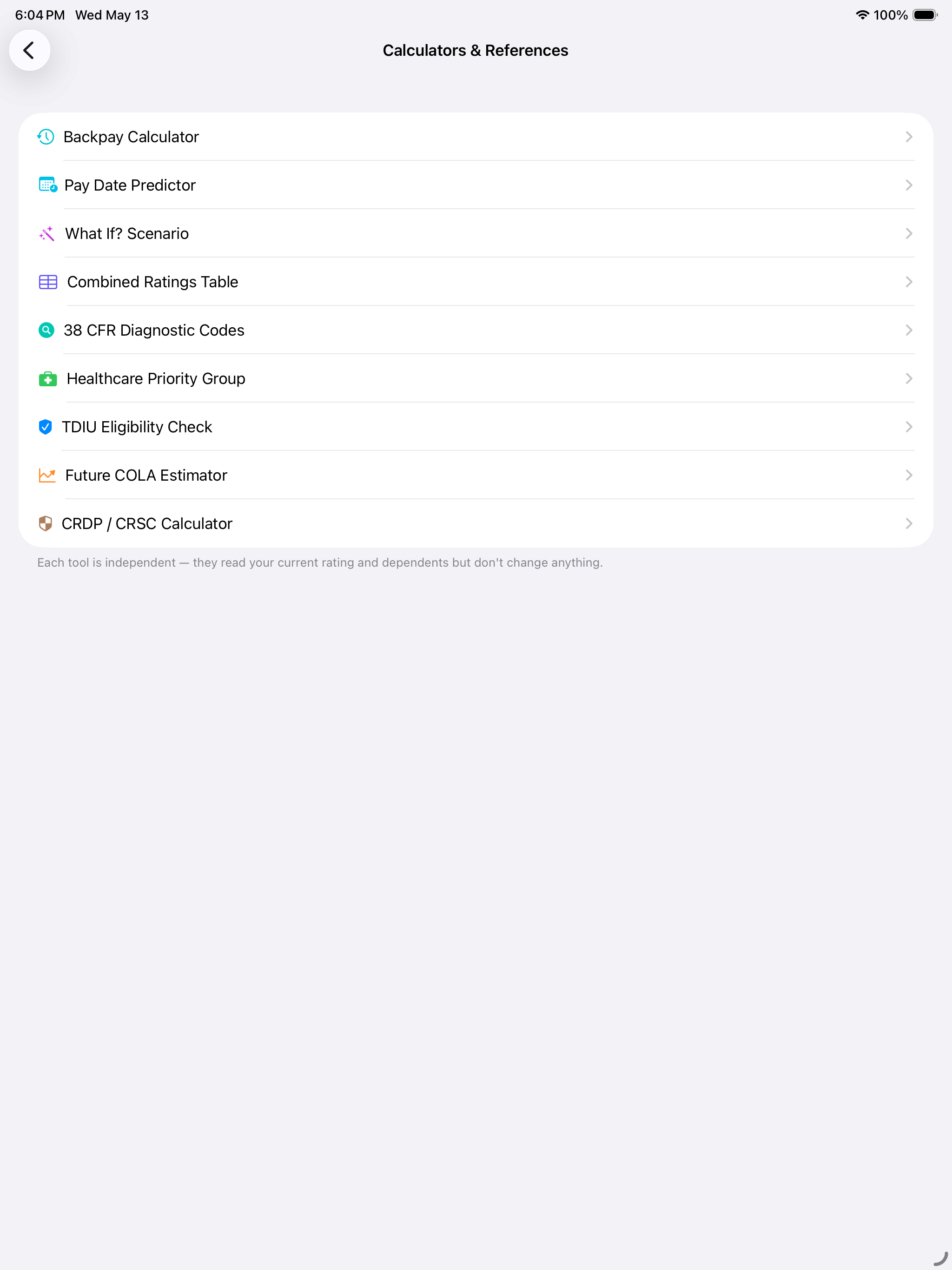 iPad Calculators and References menu listing all available tools and references