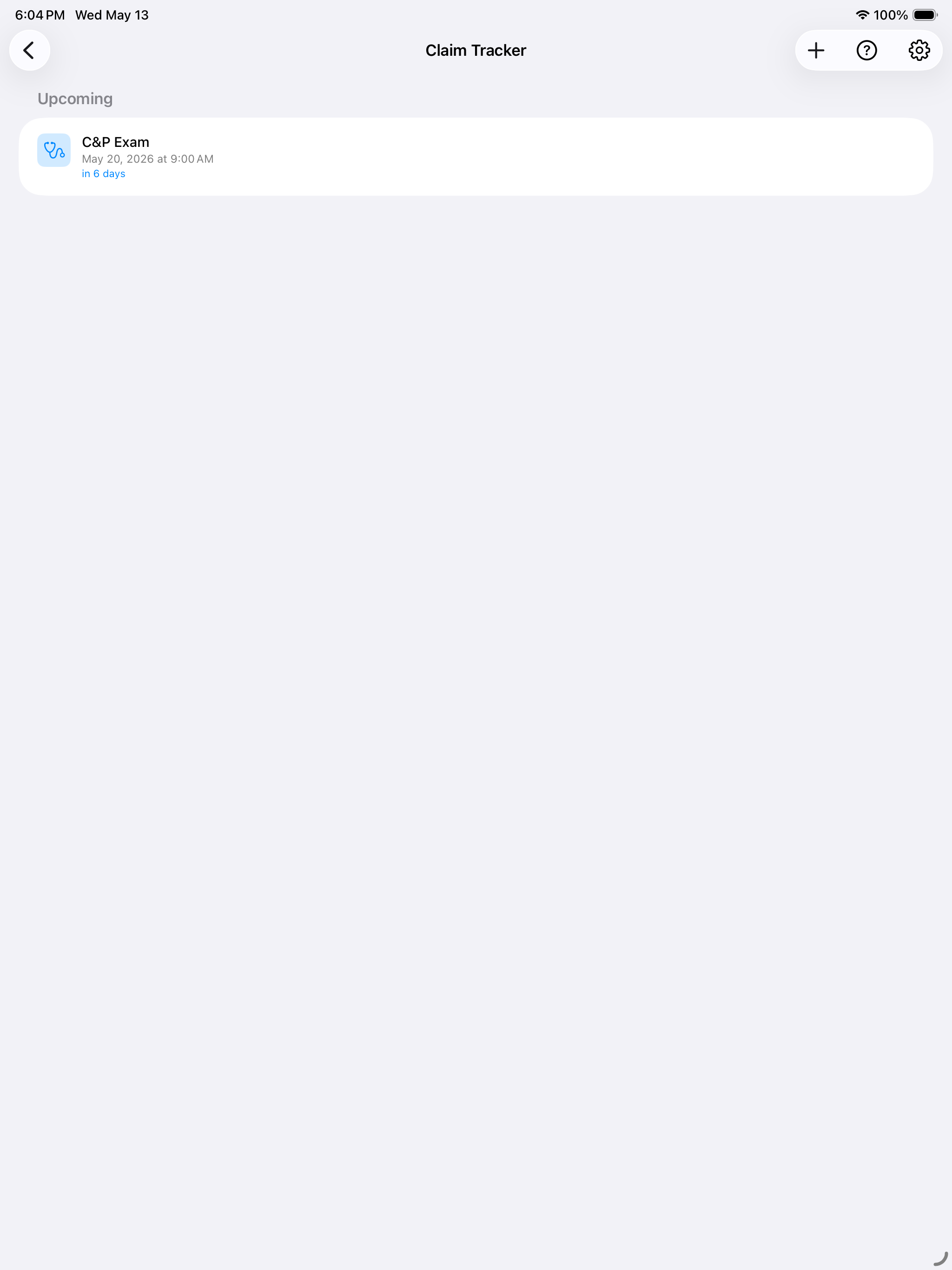 iPad Claim Tracker showing an upcoming C&P Exam scheduled in 6 days