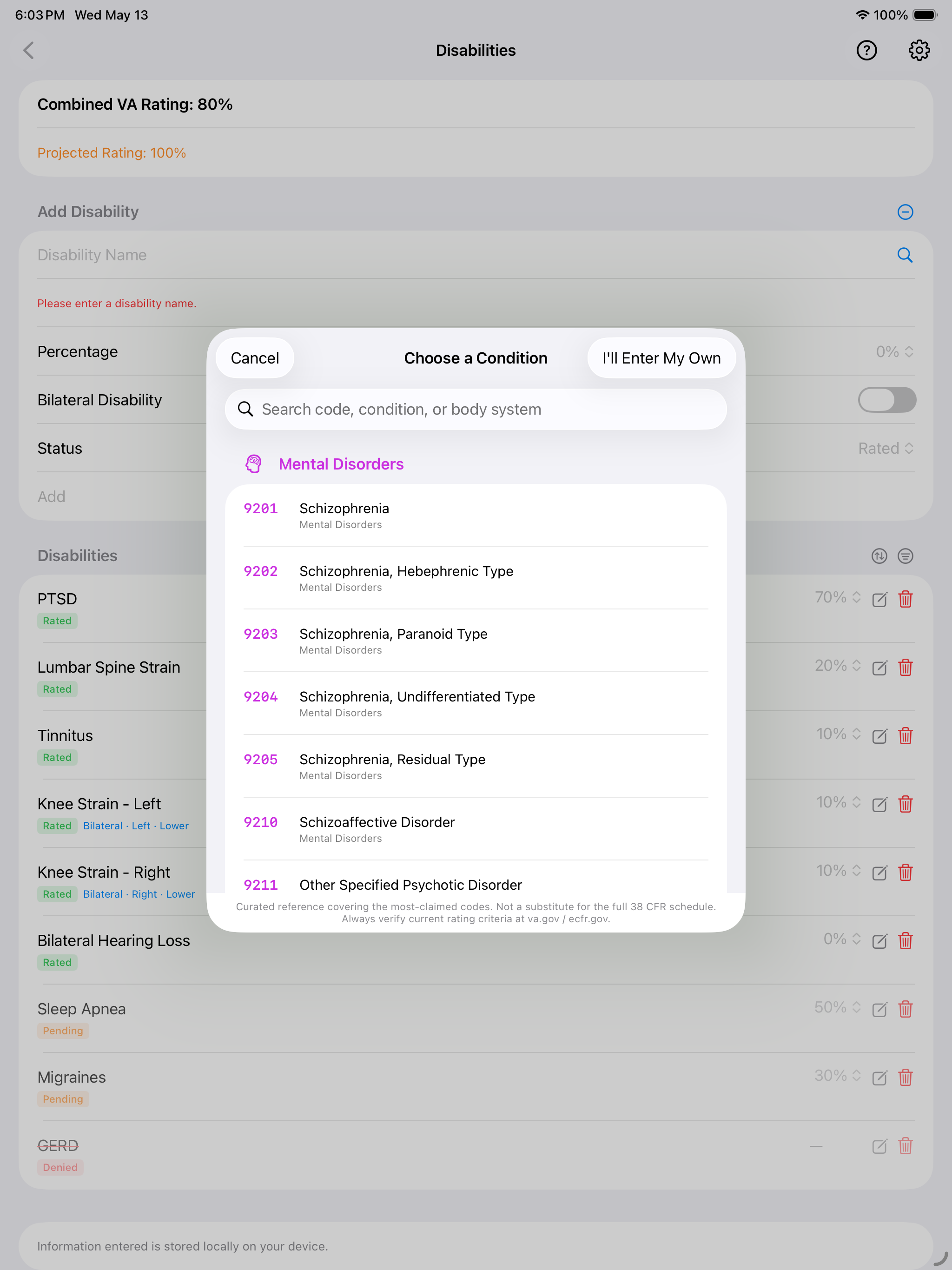 iPad Choose a Condition modal showing diagnostic code search with Mental Disorders results