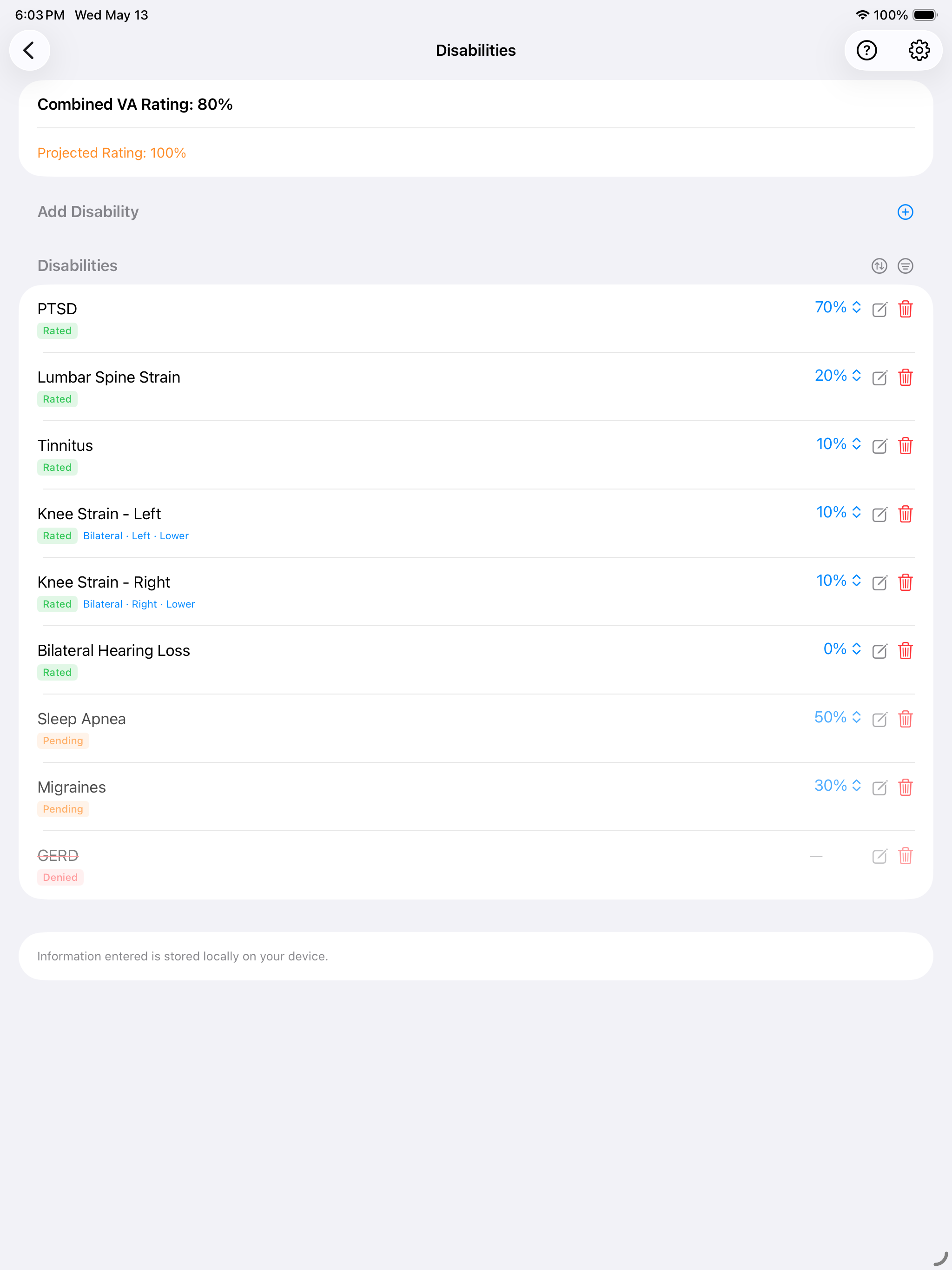 iPad disabilities list with mixed Rated, Pending, and Denied statuses