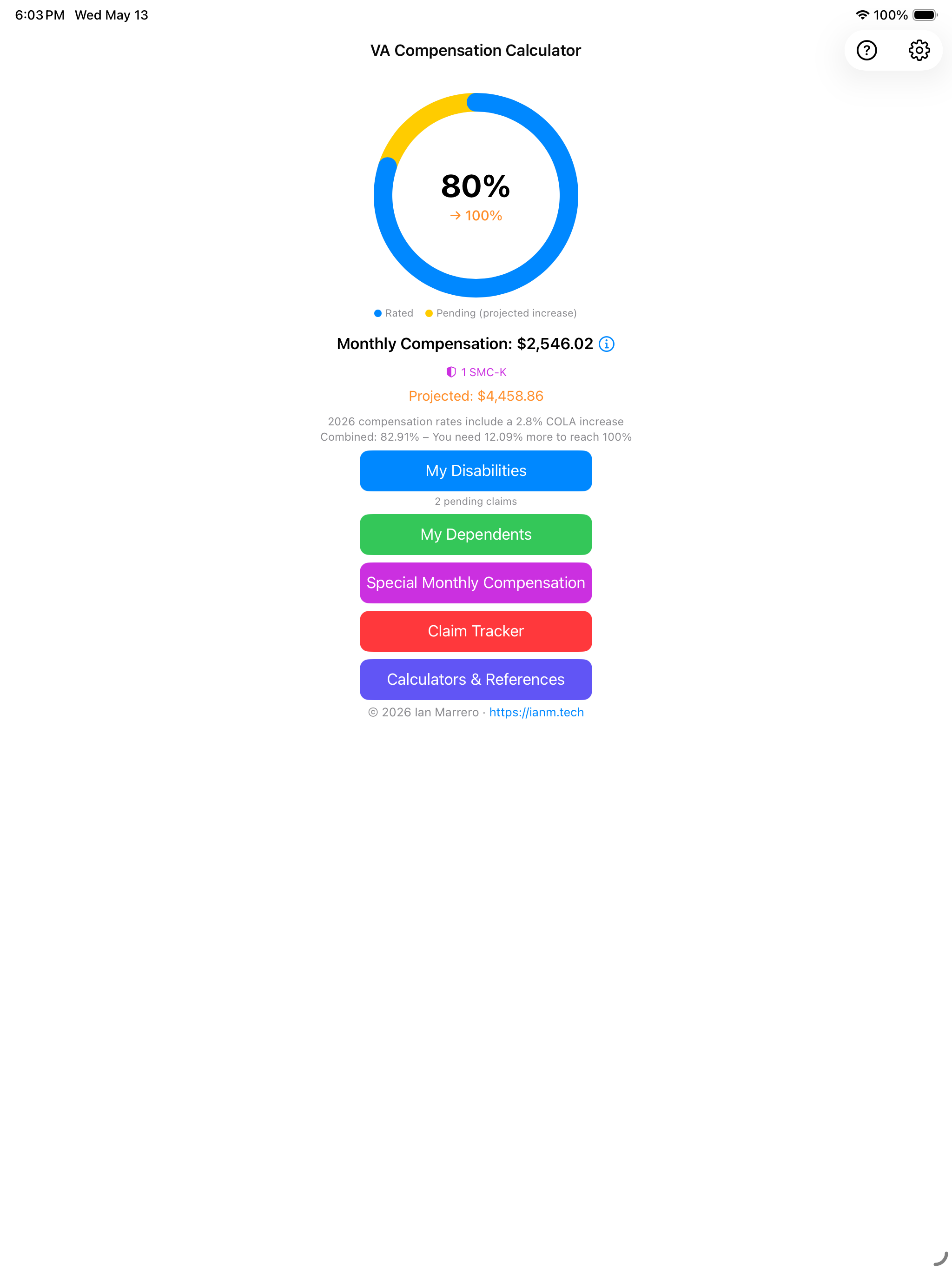 iPad home screen showing 80% rating with projected 100%, SMC-K, and quick-access buttons including Claim Tracker and Calculators & References