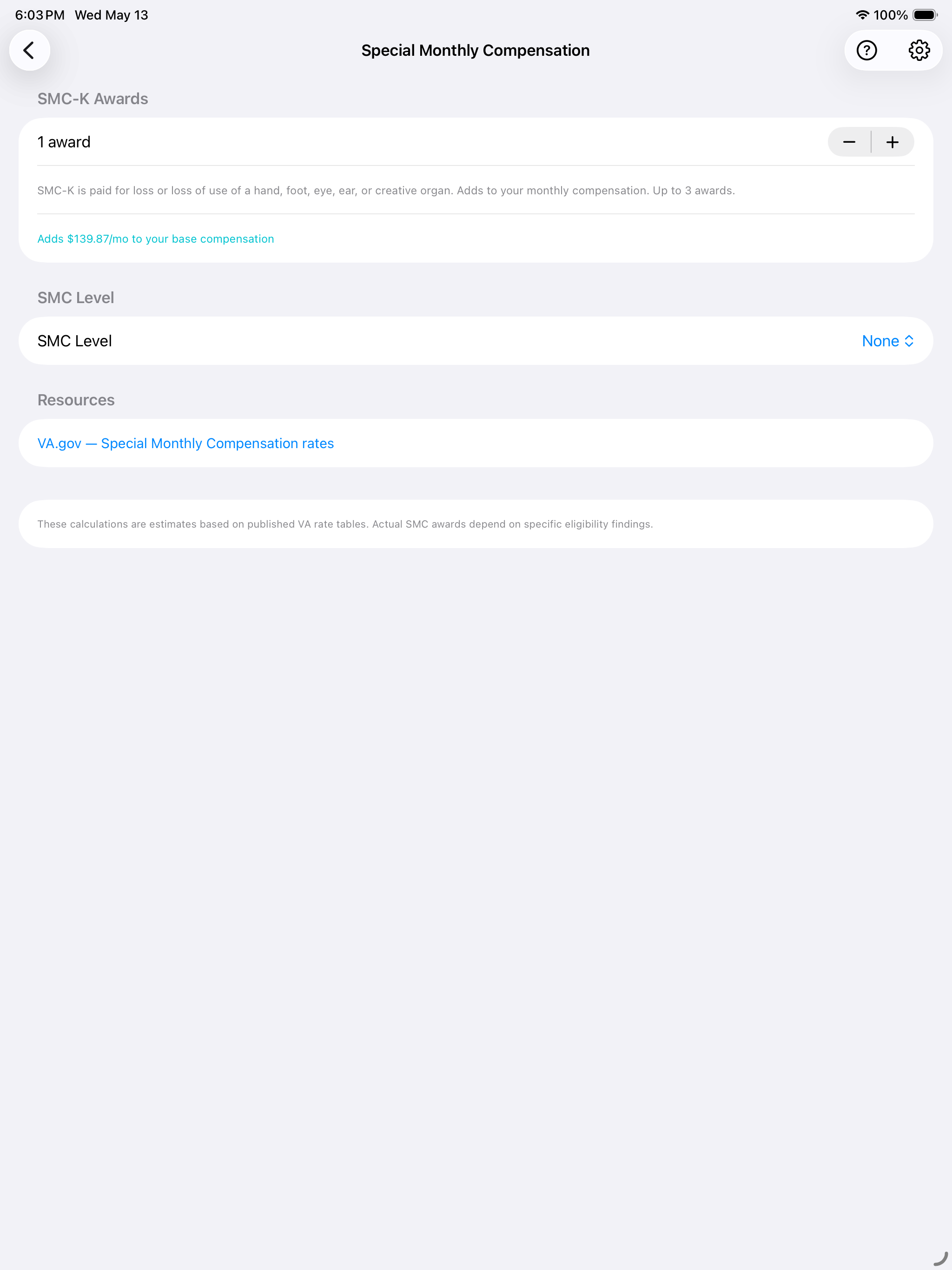iPad SMC screen with SMC-K awards and SMC level selection